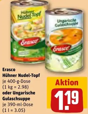 REWE Erasco Hühner Nudel-Topf 400-g-Dose oder Ungarische Gulaschsuppe 390-ml-Dose Angebot