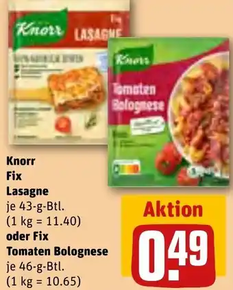 REWE Knorr Fix Lasagne 43-g-Btl. oder Fix Tomaten Bolognese 46-g-Btl. Angebot