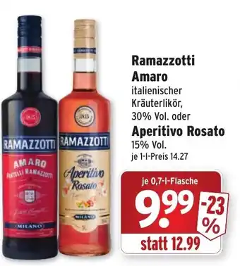 Wasgau Ramazzotti Amaro oder Aperitivo Rosato 0,7 L Angebot