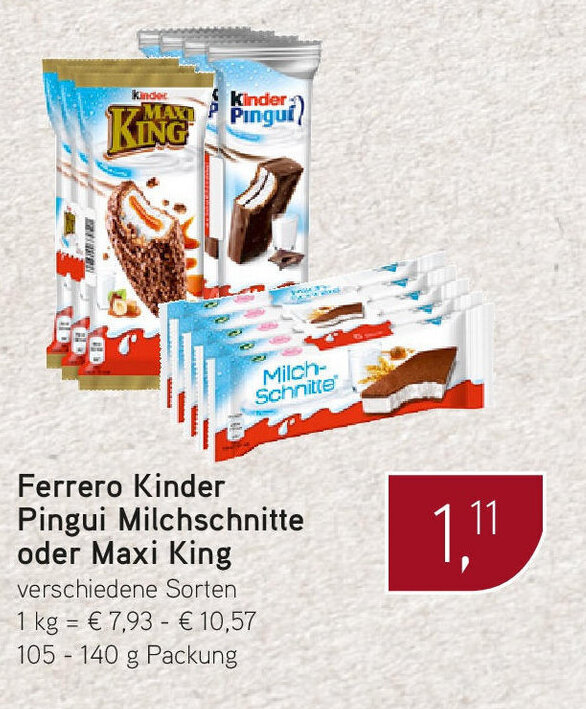 Ferrero Kinder Pingui Milchschnitte oder Maxi King 105-140g Angebot bei ...