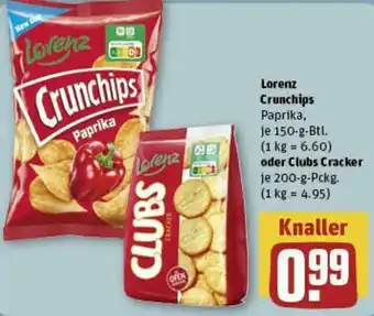 REWE Lorenz Crunchips 150 g Btl. oder Clubs Cracker 200-g-Pckg. Angebot