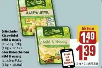 REWE Grünländer Käsewürfel mild & nussig 120-g-Pckg. oder Käsescheiben mild & nussig 140 g Pckg. Angebot