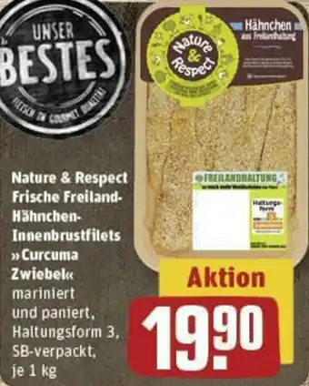 REWE Nature & Respect Frische Freiland-Hähnchen-Innenbrustfilets >> Curcuma Zwiebel<< 1 kg Angebot