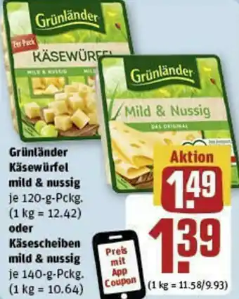 REWE Grünländer Käsewürfel mild & nussig 120-g-Pckg. oder Käsescheiben mild & nussig 140-g-Pckg. Angebot