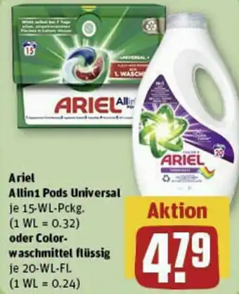 REWE Ariel Allin Pods Universal 15-WL-Pckg. oder Colorwaschmittel flüssig 20-WL-FL Angebot