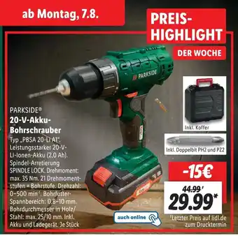 Lidl PARKSIDEⓇ 20-V-Akku- Bohrschrauber ,,PBSA 20-Li A1" Angebot