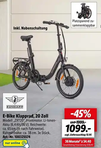 Lidl ZUNDAPP E-Bike Klapprad, 20 Zoll Angebot