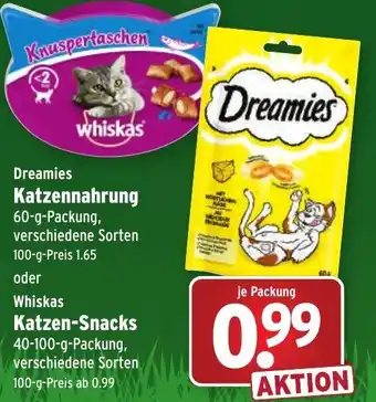 Wasgau Dreamies Katzennahrung 60g oder Whiskas Katzen Snacks 40-100g Angebot