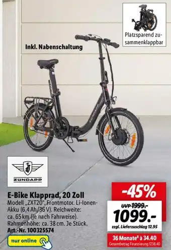 Lidl ZUNDAPP E-Bike Klapprad, 20 Zoll ,,ZXT20" Angebot