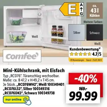 Lidl comfee Mini-Kühlschrank, mit Eisfach ,,RCD76" Angebot