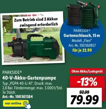 Lidl PARKSIDEⓇ 40-V-Akku-Gartenpumpe ,,PGPA 40-Li A1" Angebot