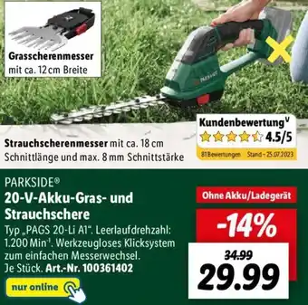 Lidl PARKSIDEⓇ 20-V-Akku-Gras- und Strauchschere "PAGS 20-Li A1“ Angebot