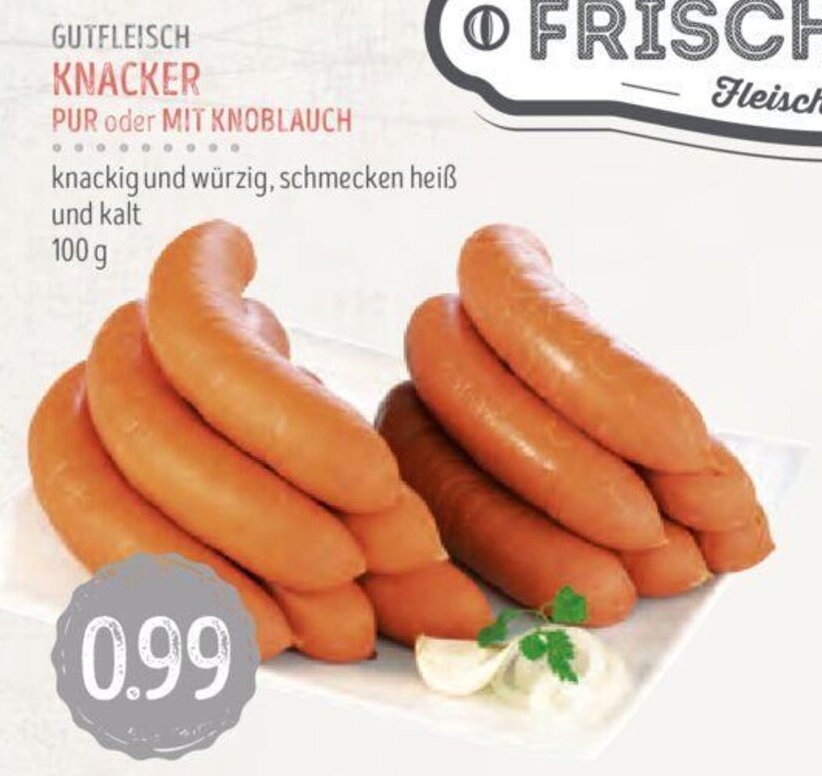GUTFLEISCH KNACKER PUR oder MIT KNOBLAUCH 100g Angebot bei Edeka Struve