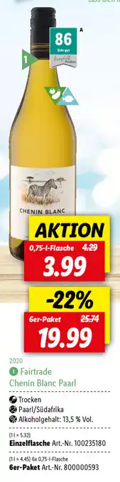 Lidl 2020 Fairtrade Chenin Blanc Paarl 0,75L Angebot