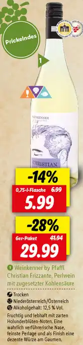 Lidl Weinkenner by Pfaffl Christian Frizzante, Perlwein mit zugesetzter Kohlensäure 0,75L Angebot