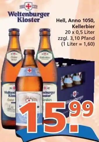 Getränke City Weltenburger Kloster Hell, Anno 1050, Kellerbier 20 x 0,5 Liter Angebot