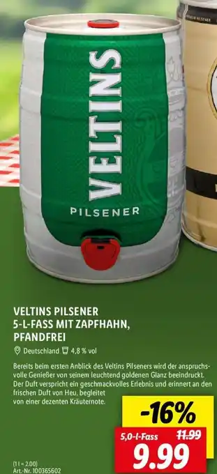 Lidl VELTINS PILSENER 5-L-FASS MIT ZAPFHAHN, PFANDFREI 5,0-l-Fass Angebot