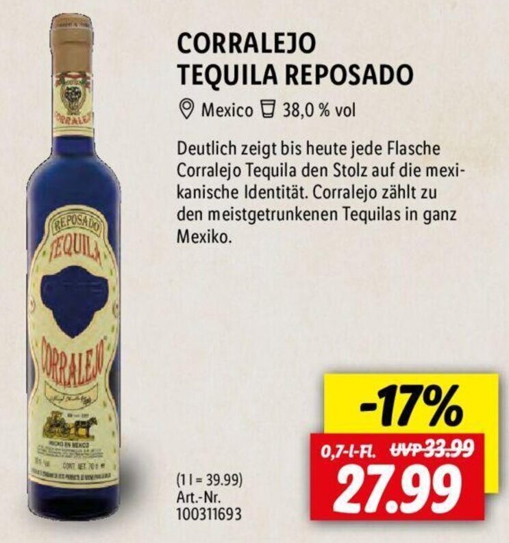 CORRALEJO TEQUILA REPOSADO 0,7 LFl. Angebot bei Lidl