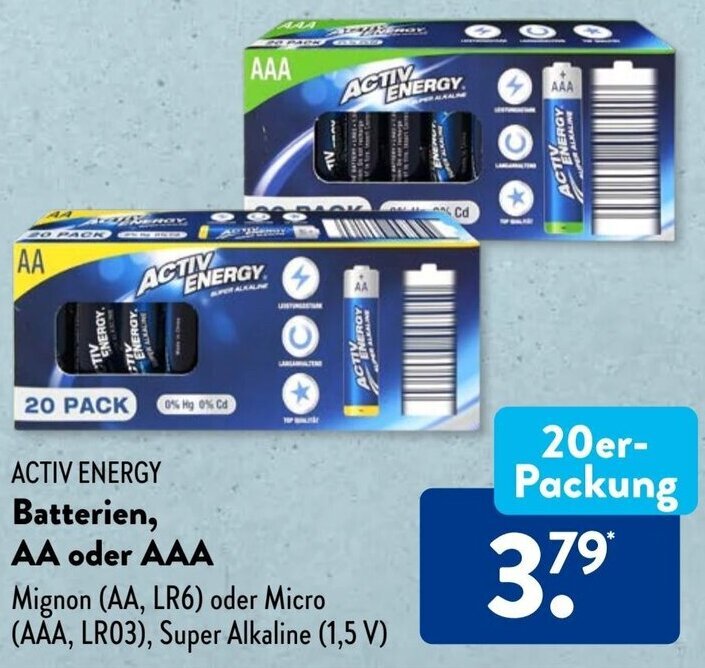 ACTIV ENERGY Batterien, AA oder AAA 20erPackung Angebot bei Aldi Süd