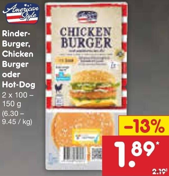 American Style Rinder Burger, Chicken Burger oder HotDog 2x100150 g