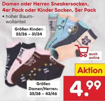 Netto Marken-Discount Damen oder Herren Sneakersocken, 4er Pack oder Kinder Socken, 5er Pack Angebot