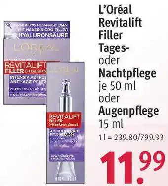 Rossmann L'Oréal Revitalift Filler Tages-oder Nachtpflege je 50 ml oder Augenpflege 15 ml Angebot