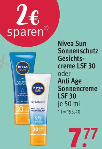 Rossmann Nivea Sun Sonnenschutz Gesichtscreme LSF 30 oder Anti Age Sonnencreme LSF 30 je 50 ml Angebot