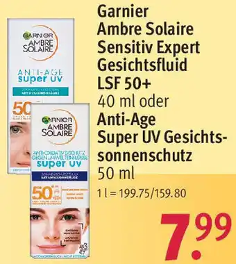 Rossmann Garnier Ambre Solaire Sensitiv Expert Gesichtsfluid LSF 50+ 40 ml oder Anti-Age Super UV Gesichts-Sonnenschutz 50 ml Angebot