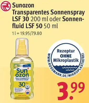 Rossmann Sunozon Transparentes Sonnenspray LSF 30 200 ml oder Sonnen-fluid LSF 50, 50 ml Angebot