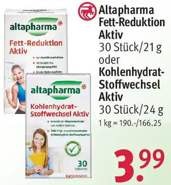 Rossmann Altapharma Fett-Reduktion Aktiv 30 Stück/21 g oder Kohlenhydrat-Stoffwechsel Aktiv 30 Stück/24 g Angebot