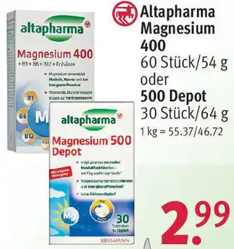 Rossmann Altapharma Magnesium 400 60 Stück/54 g oder 500 Depot 30 Stück/64 g Angebot