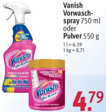 Rossmann Vanish Vorwaschspray 750 ml oder Pulver 550 g Angebot