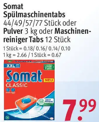 Rossmann Somat Spülmaschinentabs 44/49/57/77 Stück oder Pulver 3 kg oder Maschinenreiniger Tabs 12 Stück Angebot