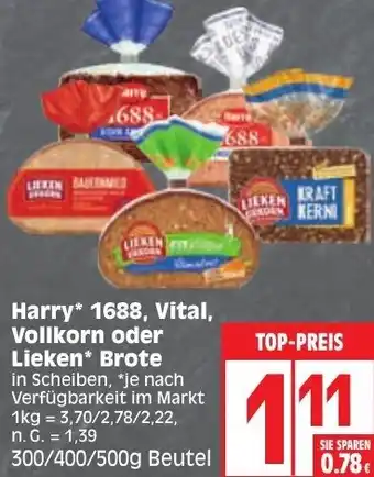 Edeka Harry* 1688, Vital, Vollkorn oder Lieken* Brote 300/400/500g Beutel Angebot