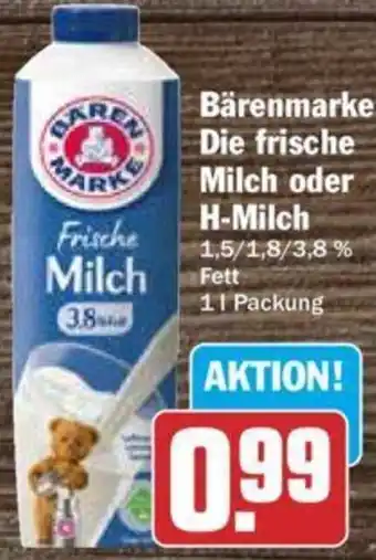 Hit Bärenmarke Die frische Milch oder H-Milch 1 L Packung Angebot