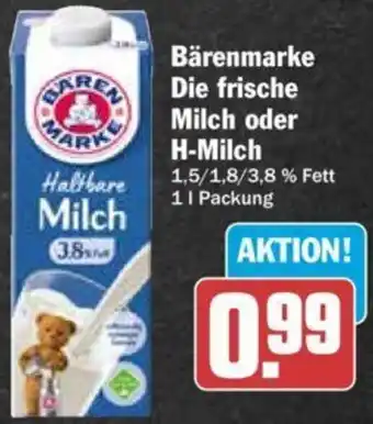 Hit Bärenmarke Die frische Milch oder H-Milch 1 L Packung Angebot