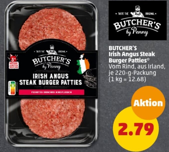 BUTCHER'S Irish Angus Steak Burger Patties 220gPackung Angebot bei PENNY