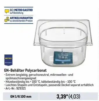 METRO METRO GN-Behälter Polycarbonat Angebot