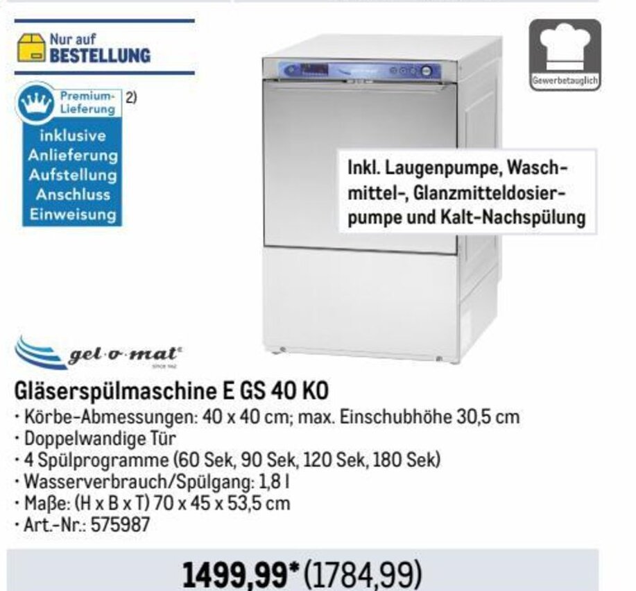 gel o mat Gläserspülmaschine E GS 40 KO Angebot bei METRO
