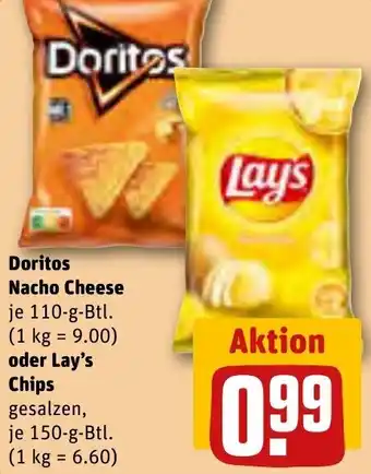 REWE Doritos Nacho Cheese 110-g-Btl. oder Lay's Chips 150-g-Btl. Angebot