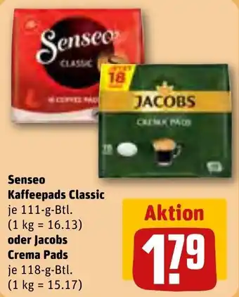 REWE Senseo Kaffeepads Classic 111-g-Btl. oder Jacobs Crema Pads 118-g-Btl. Angebot