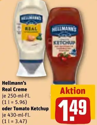 REWE Hellmann's Real Creme 250-ml-Fl. oder Tomato Ketchup 430-ml-Fl. Angebot