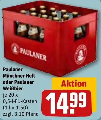 REWE Paulaner Münchner Hell oder Paulaner Weißbier 20 x 0,5-L-Fl.-Kasten Angebot