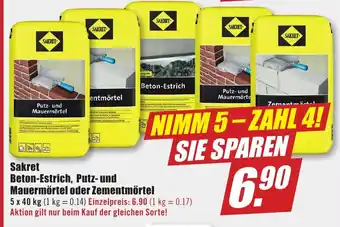 B1 Discount Baumarkt Sakret Beton-Estrich, Putz- und Mauermörtel oder Zementmörtel 40kg Angebot