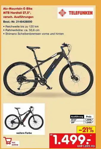 Netto Marken-Discount Telefunken Alu-mountain-e-bike Mtb Hardtail 27.5 Angebot