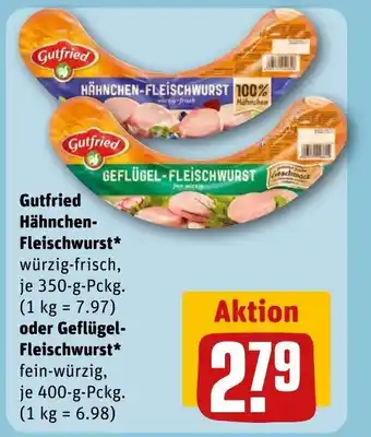 REWE Center Gutfried Hähnchen-Fleischwurst* würzig-frisch, je 350-g-Pckg. oder Geflügel-Fleischwurst* fein-würzig, je 400-g-Pckg. Angebot