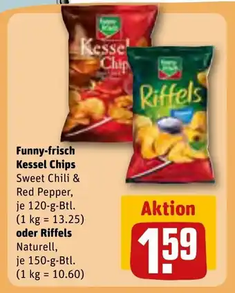 REWE Center Funny-frisch Kessel Chips Sweet Chili & Red Pepper, je 120-g-Btl. oder Riffels Naturell, je 150-g-Btl. Angebot