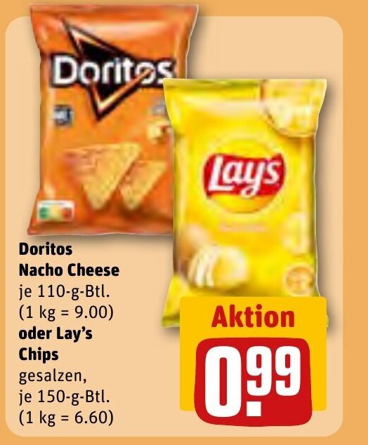 Doritos Nacho Cheese je 110gBtl. oder Lay's Chips gesalzen, je 150g