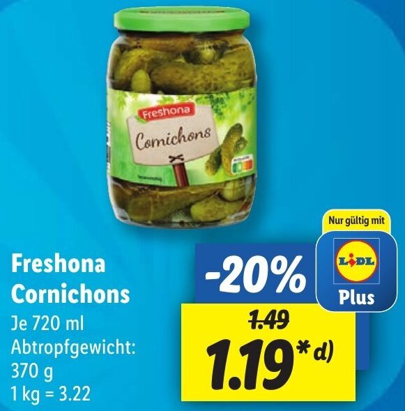 Freshona Cornichons 720 ml Angebot bei Lidl