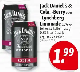 Nah & Frisch Jack Daniel's & Cola, -Berry oder Lynchberg Limonade 0,33-Liter-Dose Angebot